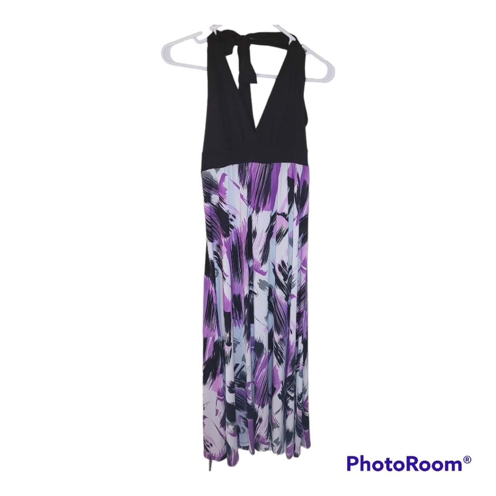 Chesley purple, white, and black sleeveless maxi dress. Ties in the back.
